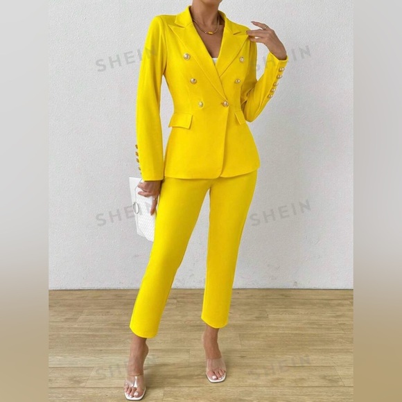 Women's Solid Color Double Breasted Long Sleeve Suit Jacket And Pants. - Picture 5 of 7